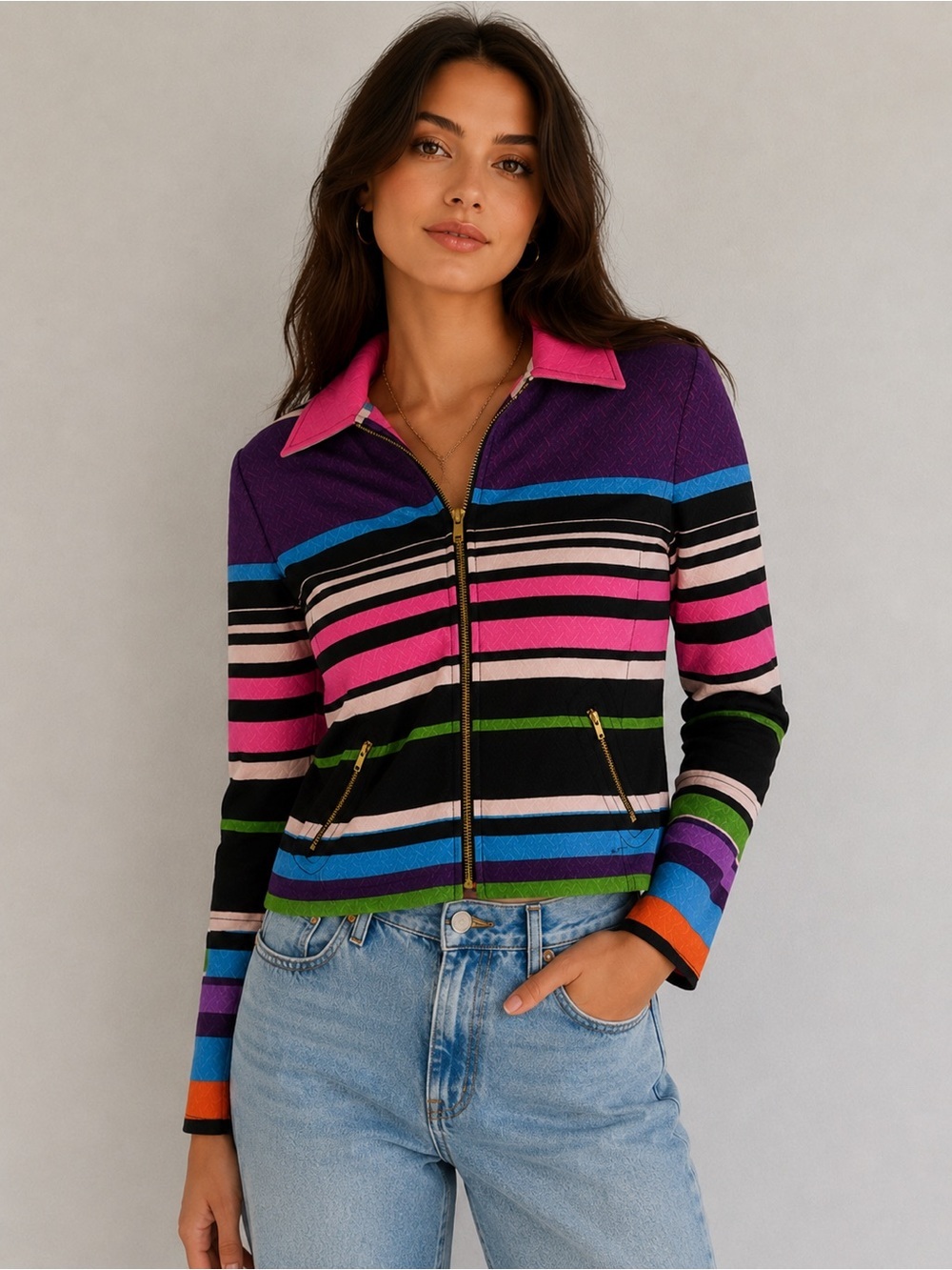 Anthracite by Muse Multicolor Striped Zip Jacket Medium Retro Colorblock - Picture 1 of 4